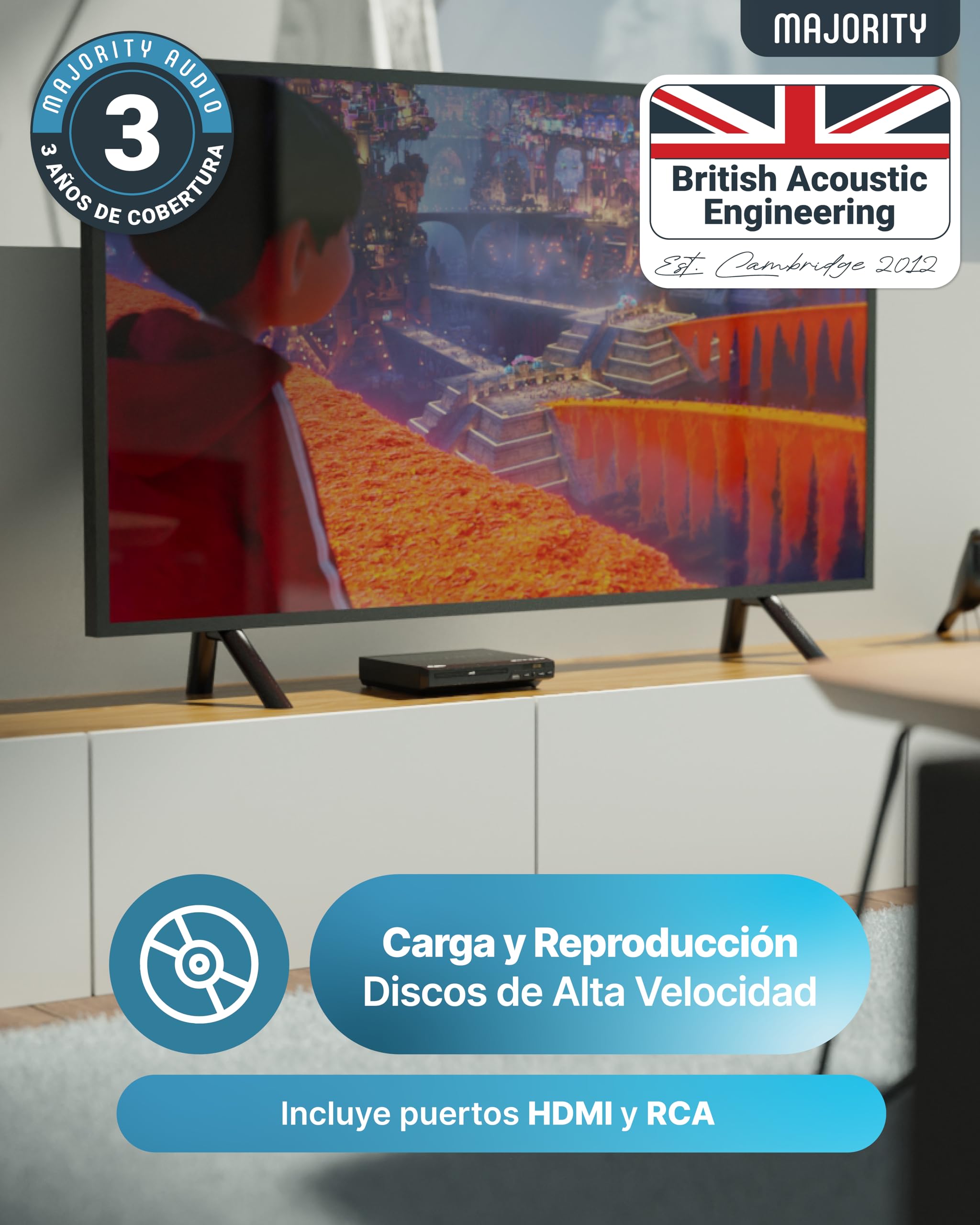 MAJORITY Reproductor DVD para TV | Sin Región DVD Player HDMI con Conversión a 1080p | Leitor CD con Reproducción MP3 y USB | Cable HDMI, Cable RCA y Mando a Distancia Incluidos