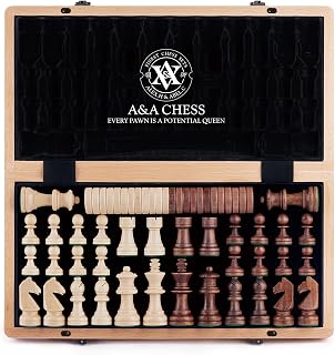 A&A 15 inch Wooden Folding Chess & Checkers Set w/ 3 inch King Height Staunton Chess Pieces / 2 Extra Queens - Maple & Walnut Inlay
