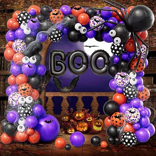 Bonropin Kit de arco de guirnalda de globos de Halloween con globos de confeti negro, naranja, morado, globos de papel de aluminio, globos de araña,