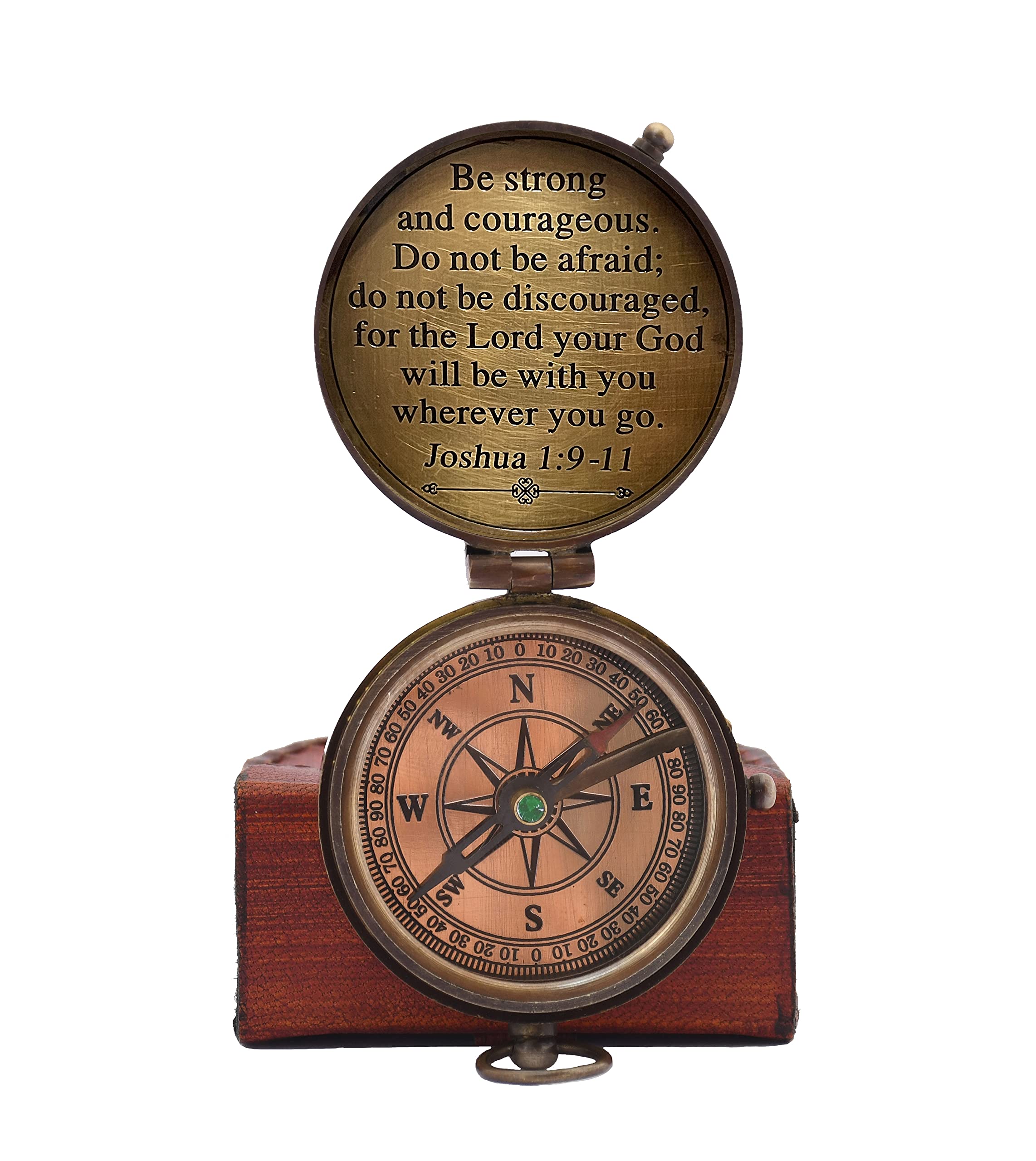 Brújula magnética direccional vintage náutica antigua con cita famosa de las Escrituras grabadas, regalos de bautismo con funda de cuero para seres queridos, hijo, padre, prometido. (Be Strong and