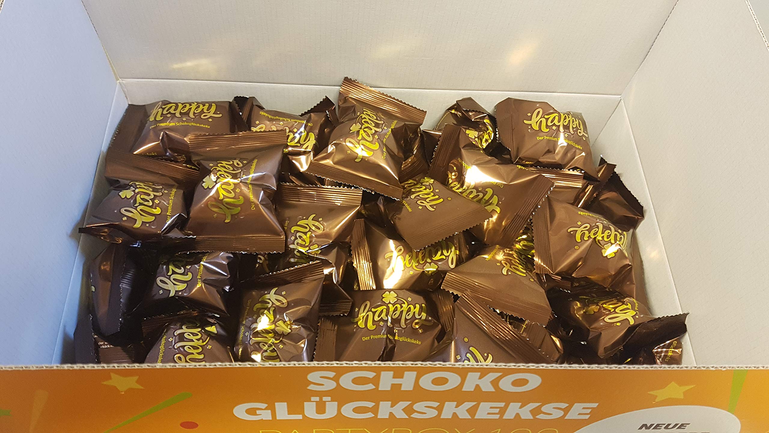 Glückskeks Happy Schoko Partybox (100 Kekse) Happy Schoko Glückskeks " Vegan, Schoko " in einer 100er Box, mit inspirierenden Botschaften (1Box = 100 Glueckskekse a 6g)