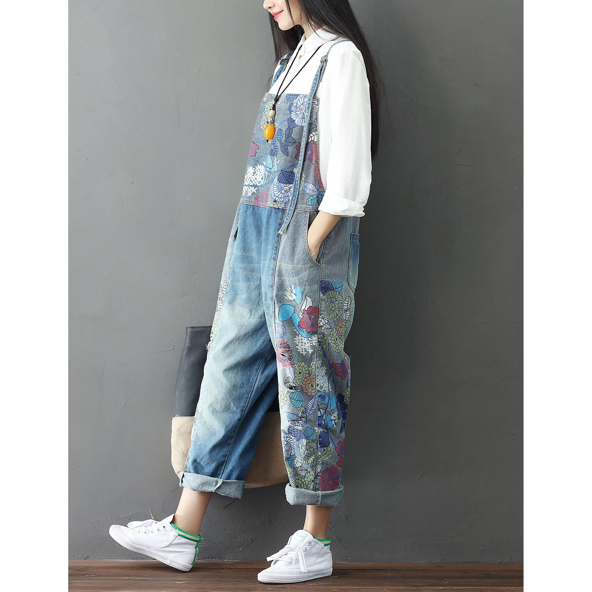 Peto informal de mujer con estampados, corte holgado, pierna recta, tirante ajustable, traje con tirantes, peto vaquero