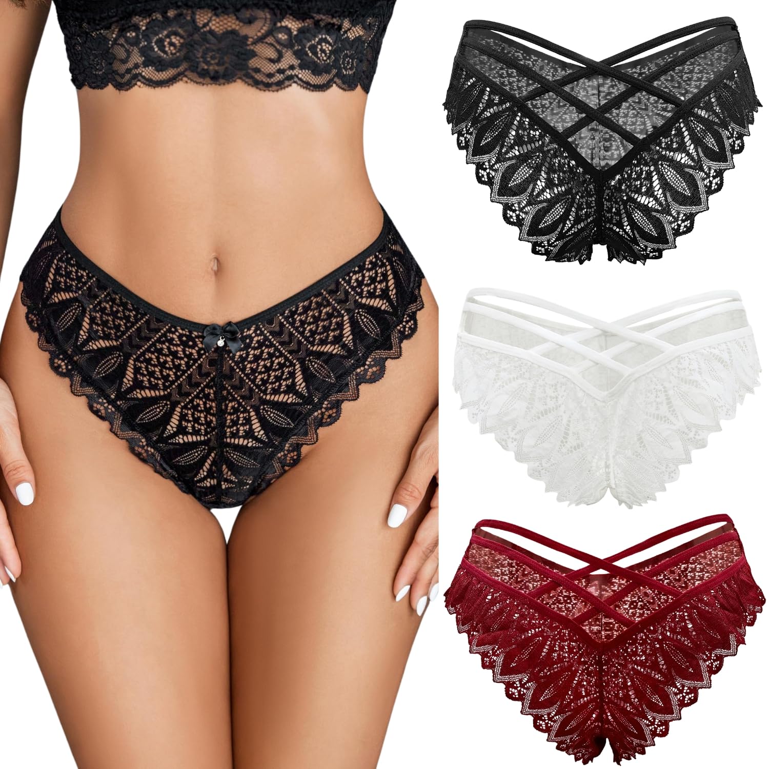 GXNRHG Seksowne majtki z koronką w kwiaty krzyżowane na plecach figi bikini niski wzrost bezczelna bielizna drążą figi miękkie rozciągliwe Hipster śliczne stringi