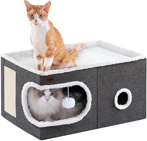 Miniatura 12 de Cama para Gatos de Interior Casa Cubo, Camas de Cueva para Gatos Cubierta y Muebles con Almohadilla Rascadora y Tienda Refugio, Lindo Condominio Gris