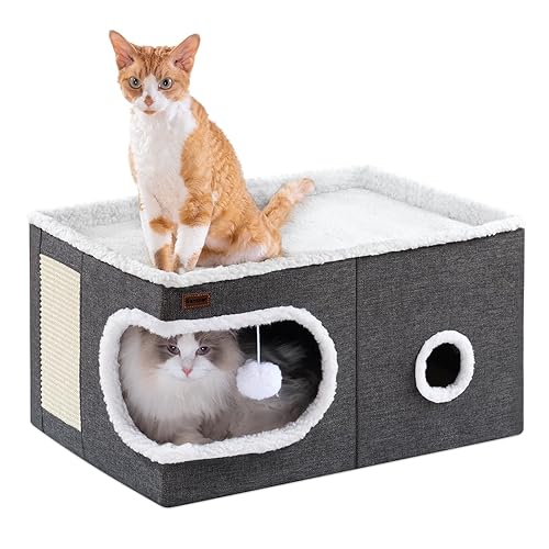 Garnpet Cat Bed for Indoor Cats Cube House, Covered Cat Cave Beds & Furniture with Scratch Pad and Hideaway Tent, Cute Modern Cat Condo for Multi Small Pet Large Kitten Kitty, Large, Dark Grey - 23.6"D x 16.5"W x 13"H - Dark Grey