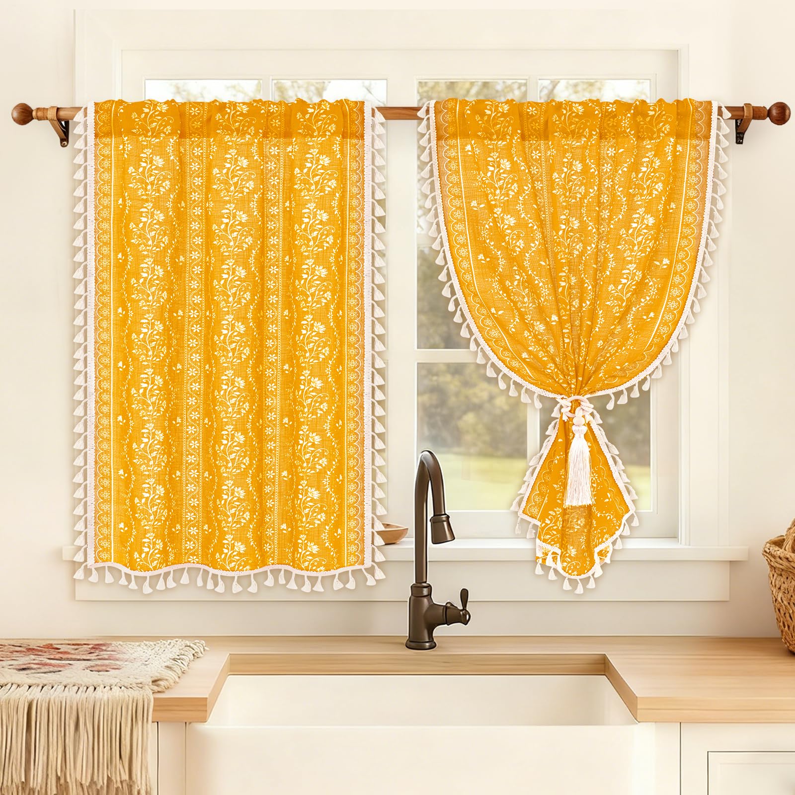 Yinhua Boho Kitchen Curtains 36 Inch Length Vintage Linen Cafe Curtains Light Filtering Bohemian Floral Tier Rod Pocket Farmhouse Rustic Tassel Small Drapes with Tiebacks, 2 Panels, Yellow