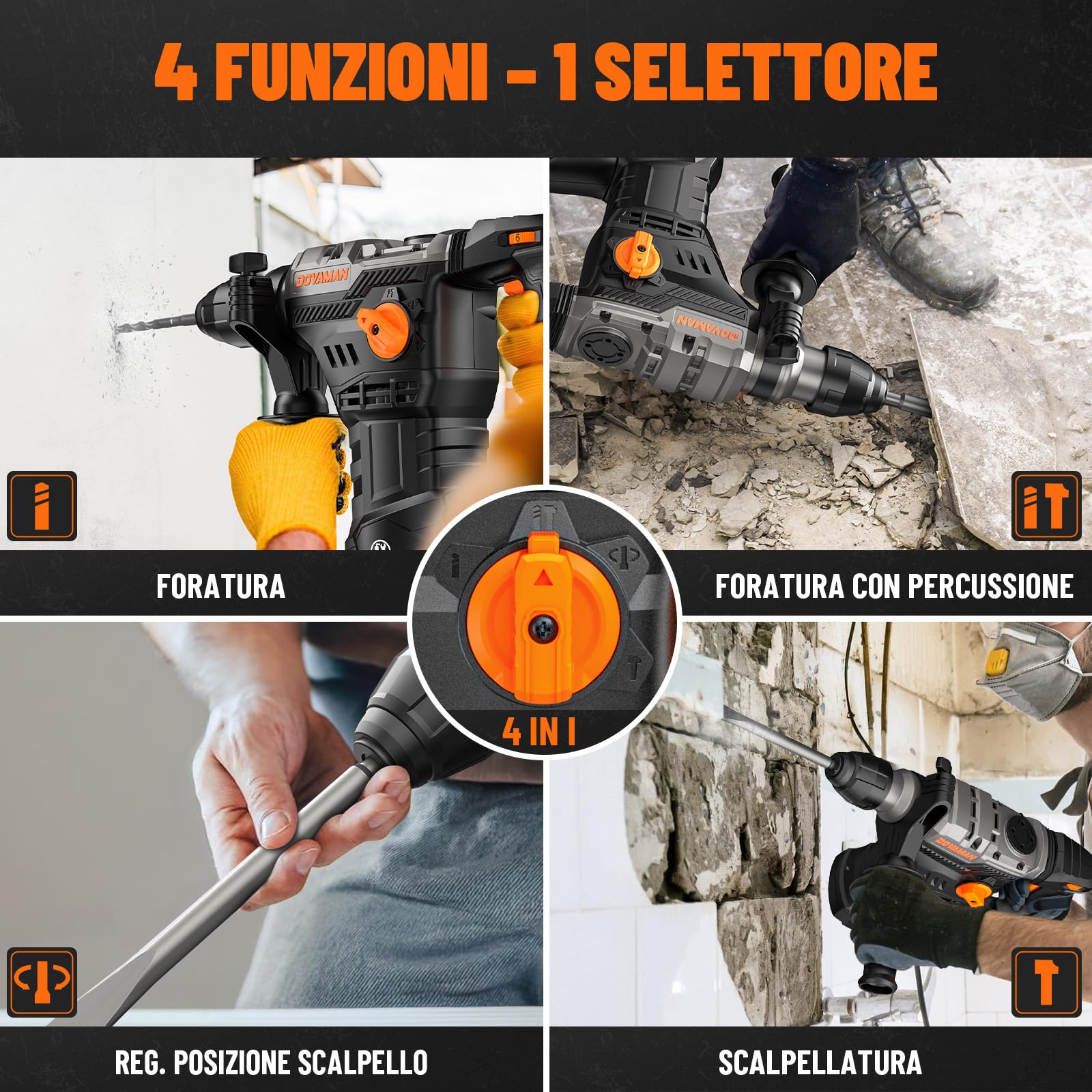 DOVAMAN RH15A Martello Perforatore SDS-Plus, 1500W Martello Demolitore con 4 Funzioni, 4350 bpm, 7J, 900 giri/min, Anti Vibrazioni, Frizione di Sicurezza, con Set Punte e Scalpelli, per Cemento e Muro