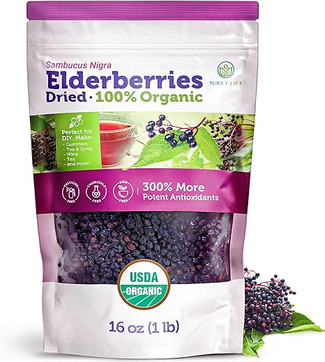 Certified USDA - 100% Organic Dried Elderberries - 1lb Bulk - Non-Irradiated, Non-Gmo, Whole Black Elderberry Immune Support For Making Elder Syrup, Gummies, Tea - Raw Vegan Sambucus 1 Pound