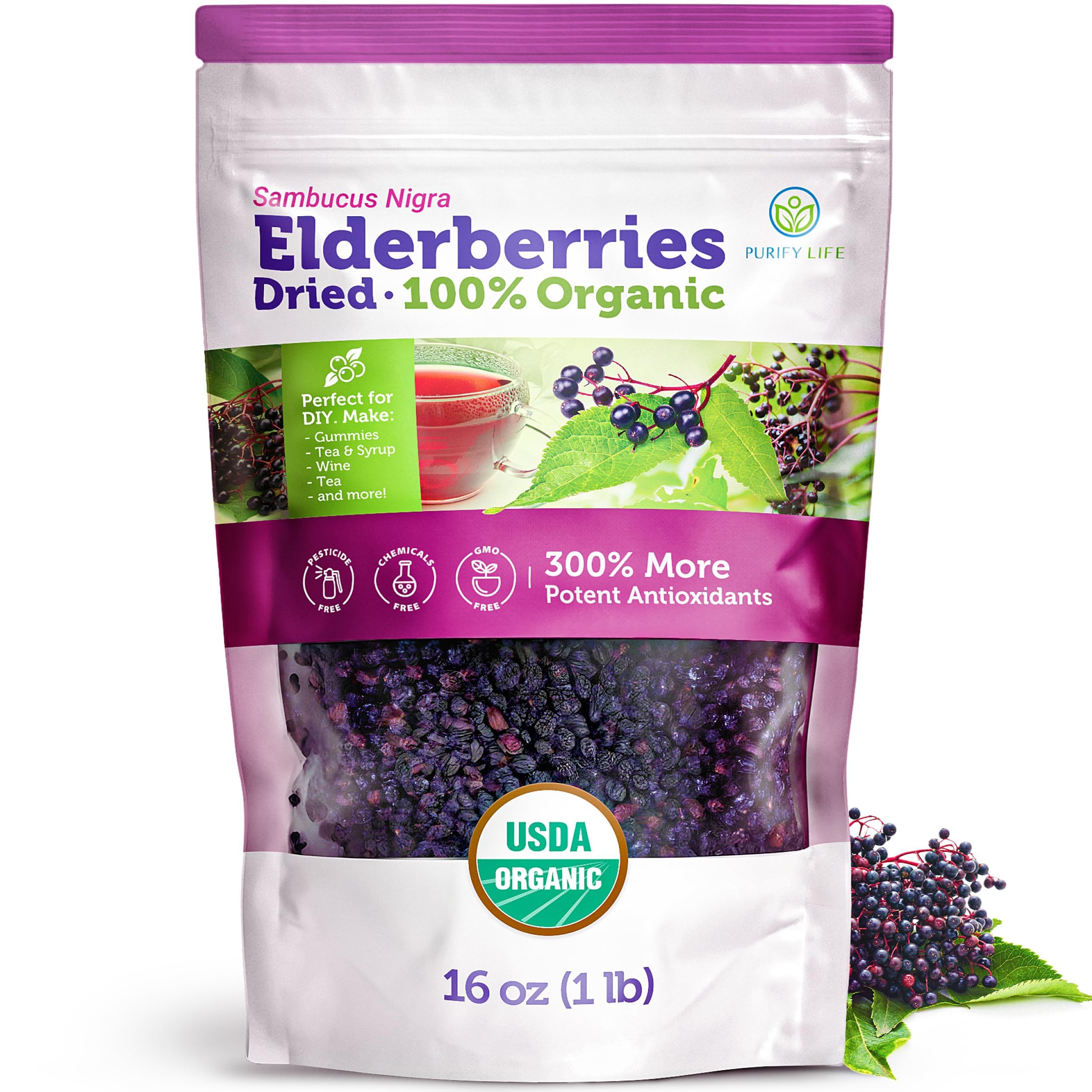 Certified USDA - 100% Organic Dried Elderberries - 1lb Bulk - Non-Irradiated, Non-Gmo, Whole Black Elderberry Immune Support For Making Elder Syrup, Gummies, Tea - Raw Vegan Sambucus 1 PoundCertified USDA - 100% Organic Dried Elderberries…