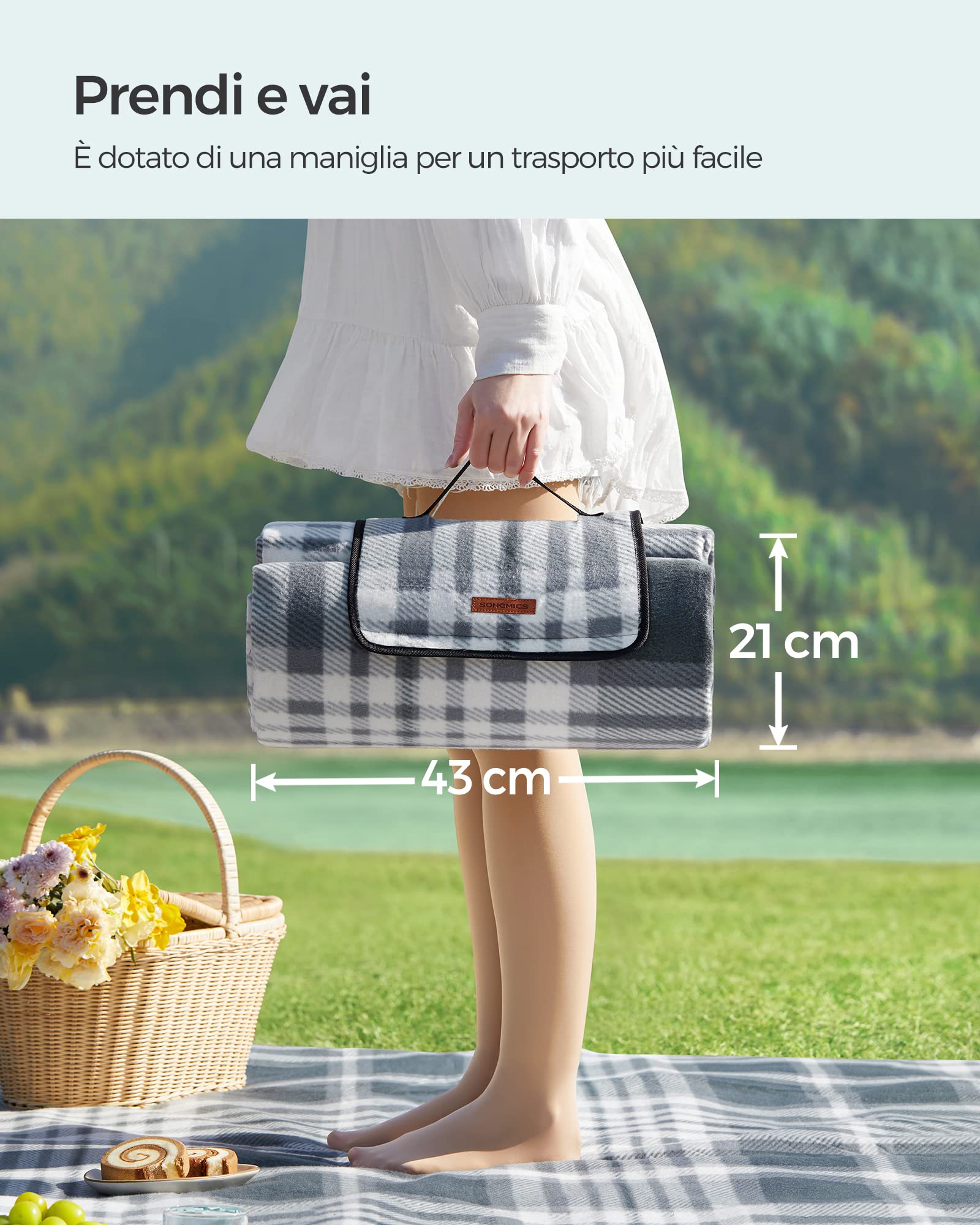 SONGMICS Coperta Picnic, 300 x 200 cm, Grande Telo da Campeggio, Parco, Giardino, Esterno, Spiaggia, Strato Impermeabile, Pieghevole, Grigio e Bianco GCM006G03