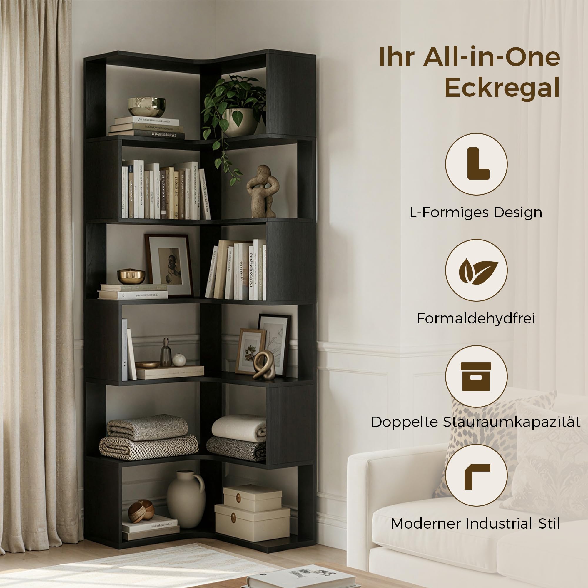 IRONCK Bücherregal 6 Ebenen Eckregal 204cm Hoch L-förmiges Standregal mit Schutzleiste, Holz offenes Regal & Aufbewahrungsregal für Wohnzimmer, Büro, Schlafzimmer, Schwarz