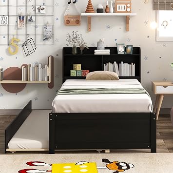 Twin Platform Bed Frame with Headboard, Solid Wood Platform Bed with Trundle Bed Frame Roll Out, Finsbury-Espresso