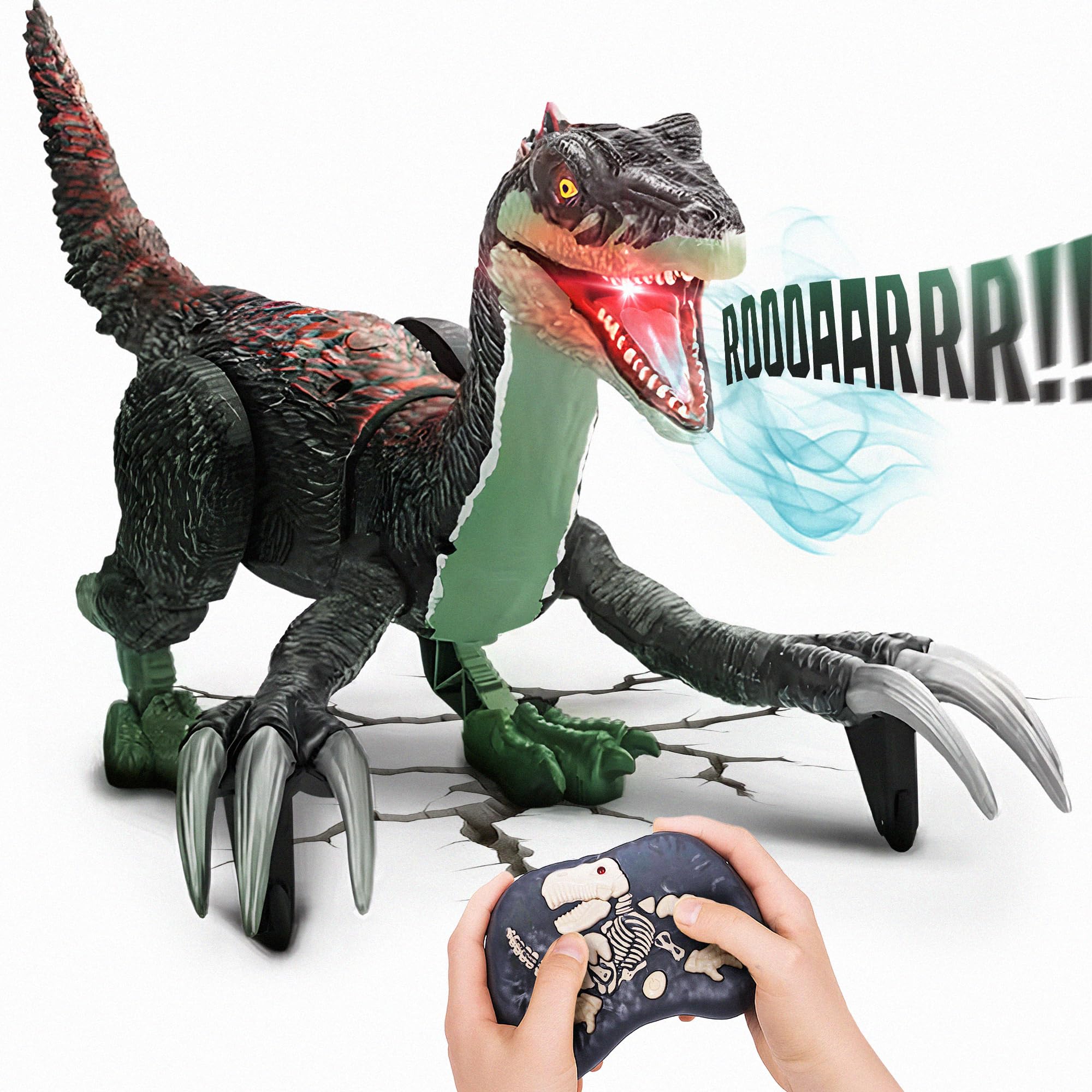 Remote Control Dinosaur Toy for Kids - RC Dinosaur - Walking Velociraptor Toy with Mist Spray, Lights & Roar - Birthday Gift Ideas for Boys and Girls