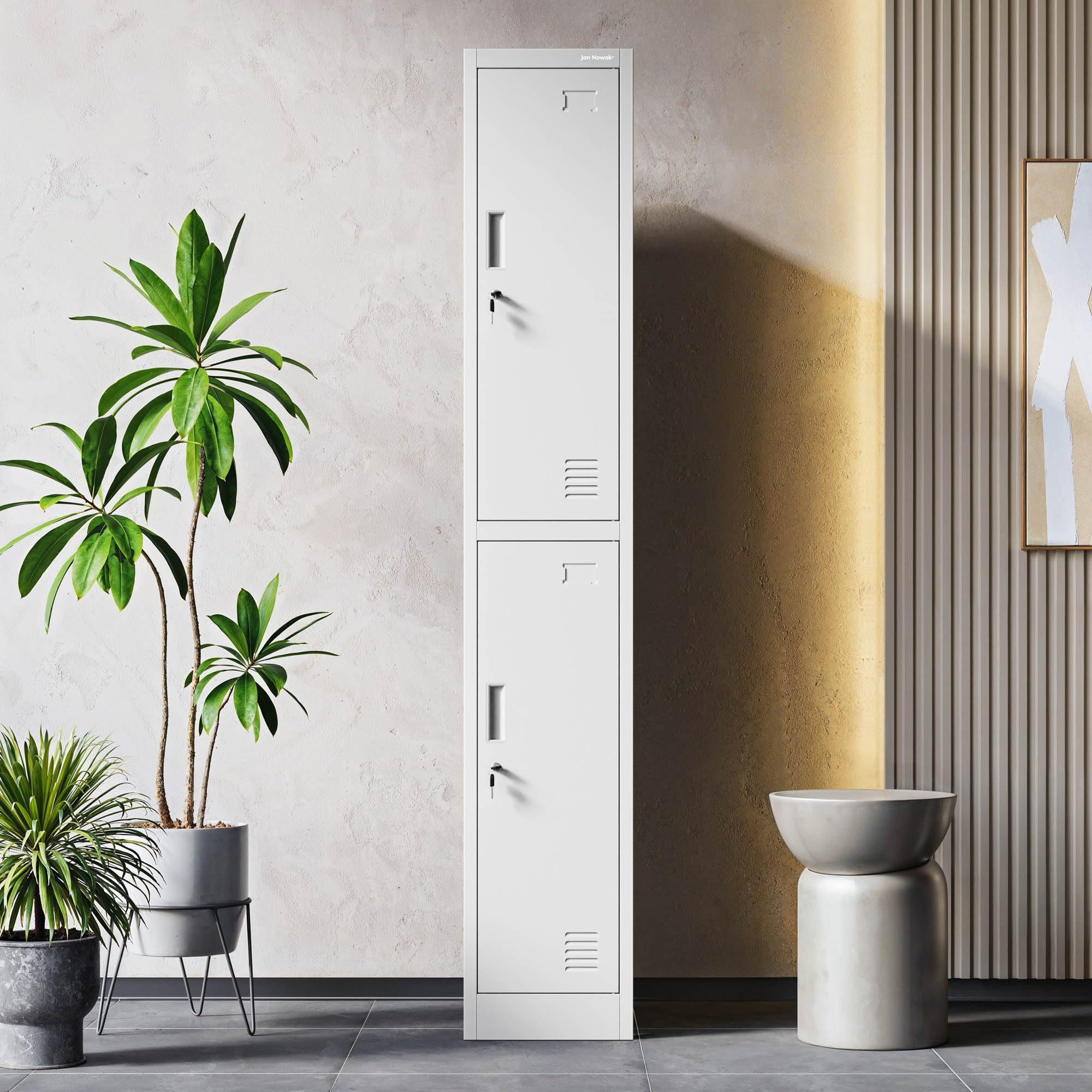 Jan Nowak Spind Schließfachschrank Metall, 2 Fächer, 32 x 185 x 45 cm | Sozialschrank mit Kleiderstange, Lüftung, Etikettenhaltern, 4 Schlüsseln, Stahl 0,6 mm, Wandmontage, robust für Umkleideraum