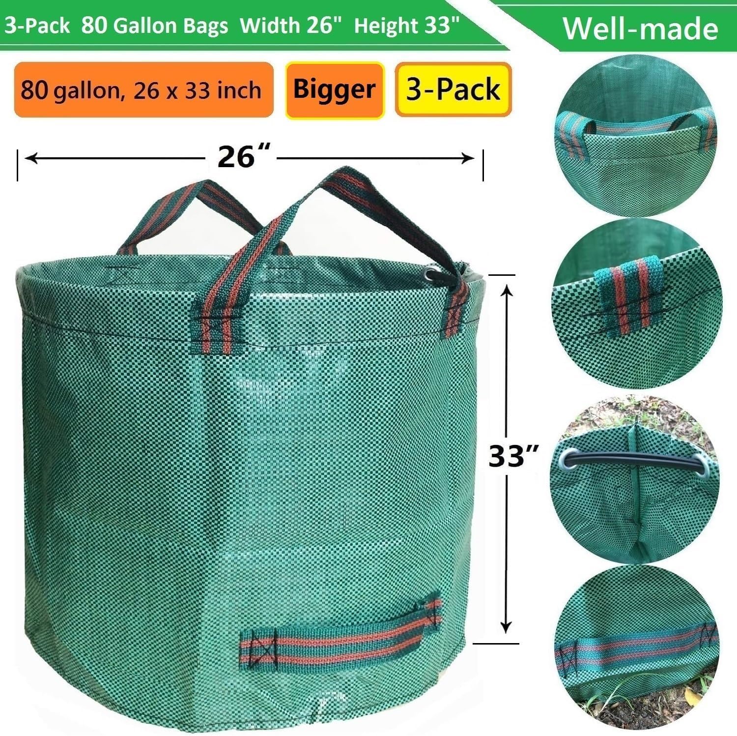 Professional 3-Pack 80 Gallon Lawn Garden Bags (D26, H33 inch) Reusable Yard Waste Bags with Gardening Gloves for Leaf Bag,Garden Pruning,Yard Debris Container,Lawn Weeds,Grass Clippings Bag 4 Handles