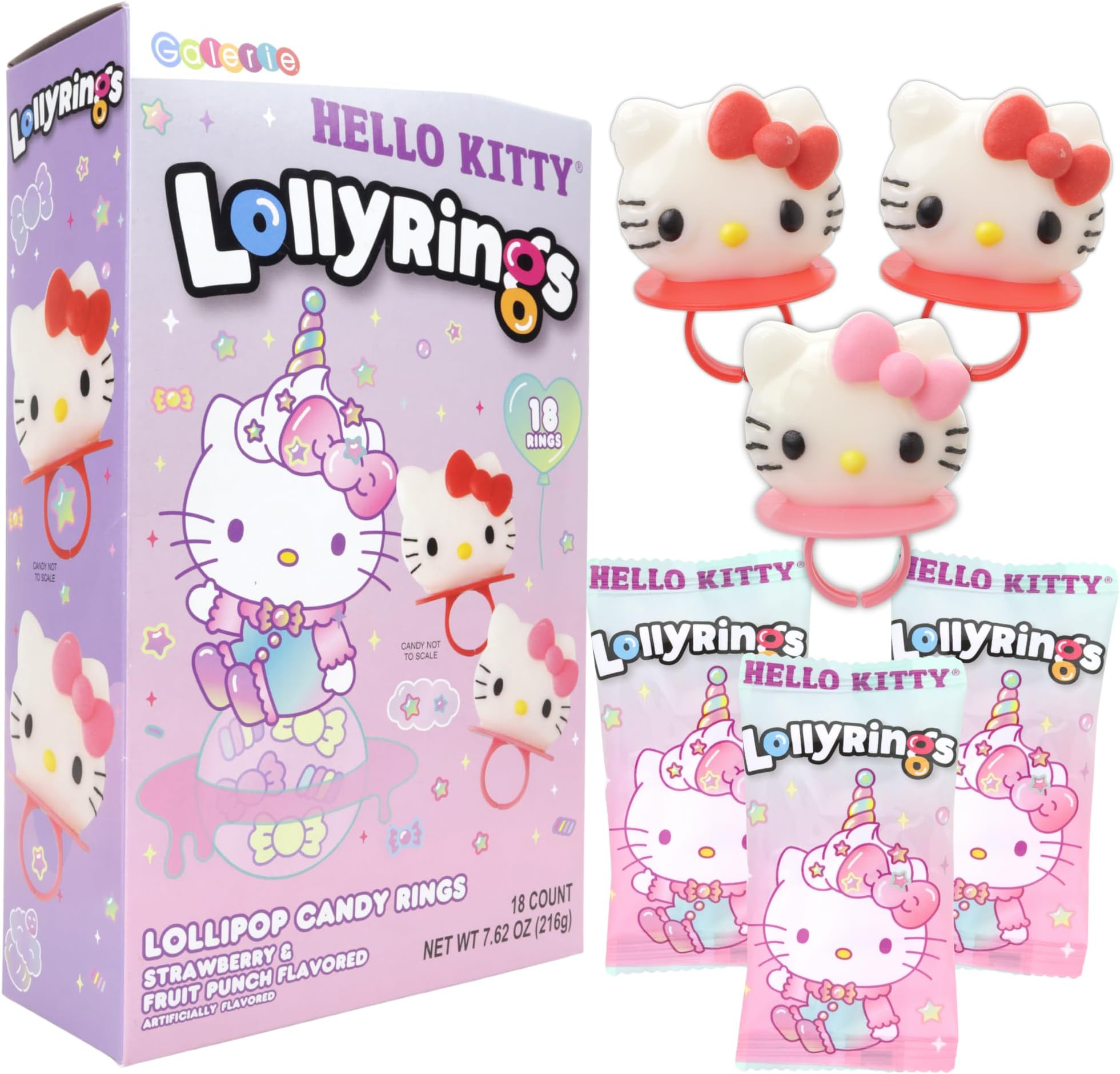 Hello Kitty Lollipop Rings, Strawberry and Fruit Punch Flavored, Individually Wrapped Candy Basket Fillers Box of 18