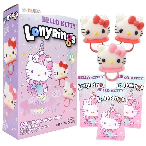 Galerie Hello Kitty Lollipop Rings, Strawberry and Fruit Punch Flavored, Individually Wrapped Candy Basket Fillers Box o