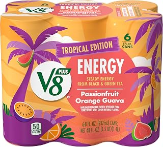 V8 +Energy Passionfruit Orange Guava Energy Drink - Natural 80mg Caffeine, Healthy Fruit Veggie Blend, 6pk 8oz Cans