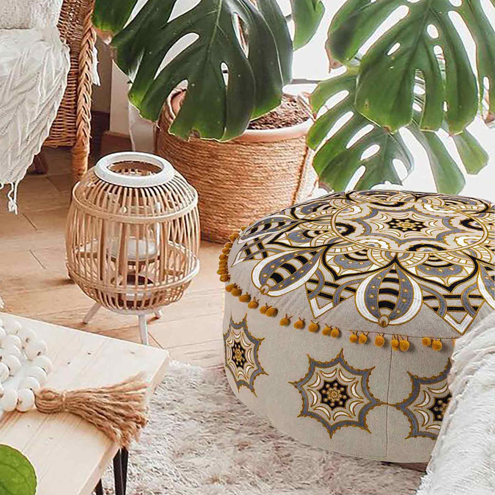 Sgabello marocchino imbottito, copertura ottomana, 60 x 20 cm, boho deco, per animali domestici, con decorazione artigianale, per meditazione, yoga e chic