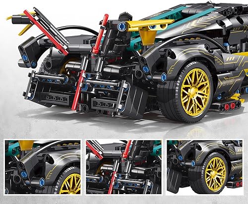 Miniatura 11 de Kit de modelo de coche RC a escala 114, superdeportivo retro negro y dorado con control de aplicación, luces LED y puertas de tijera funcionales