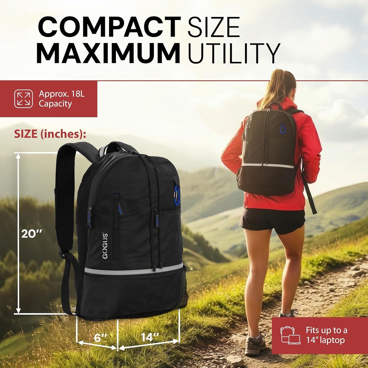 GOGUS Hybrid Gym Backpack for Men & Women - 18L Sports Backpack with Dual Water Bottle Pockets, Mesh Compartment for Gym, Travel - Water Resistant & Reflective Trim Workout Bag