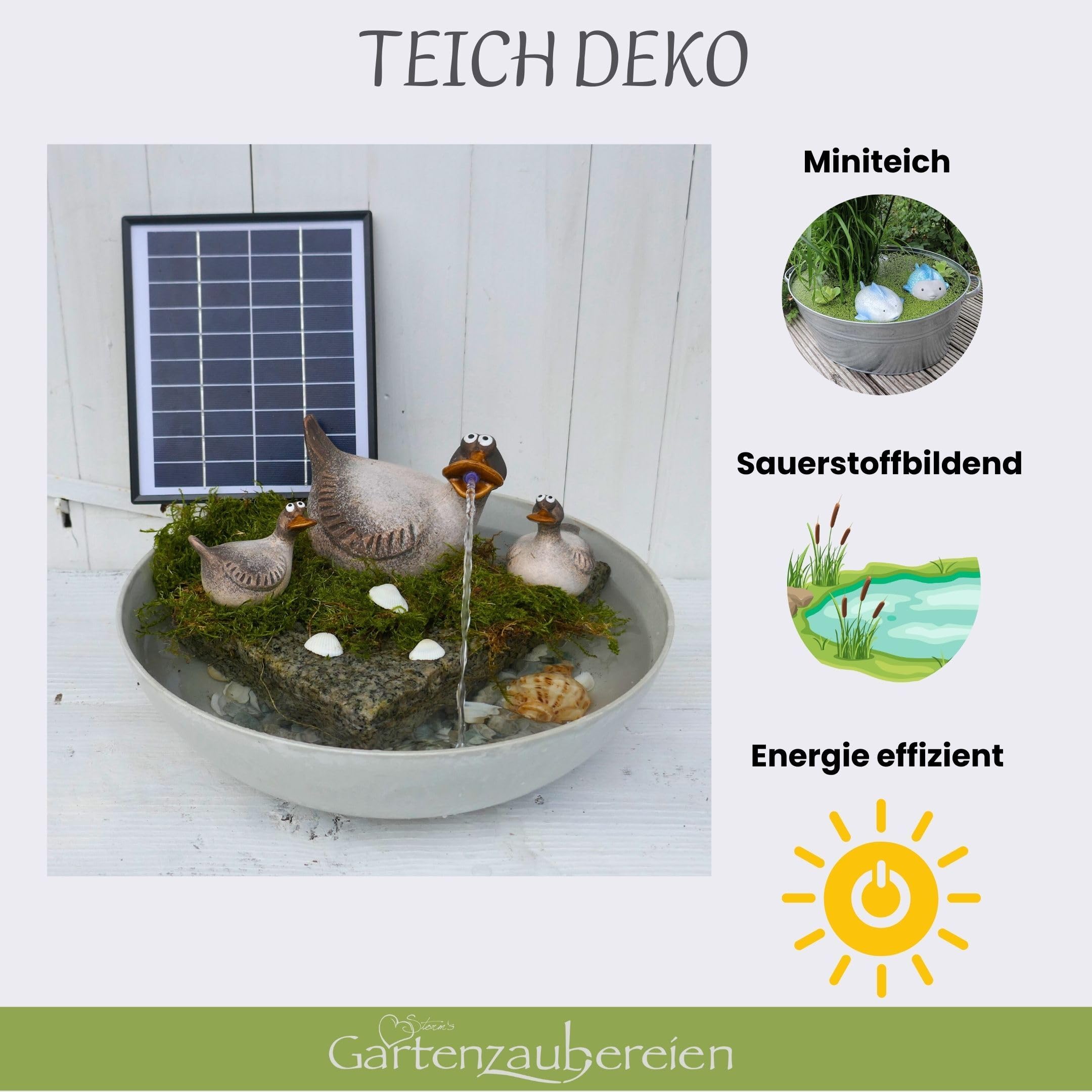 Storm's Gartenzaubereien Solar-Wasserspeier Mit Akku-Pumpe Ente Für Teiche & Miniteiche - Keramik Tierfigur - Garten & Balkondeko, Solarbrunnen