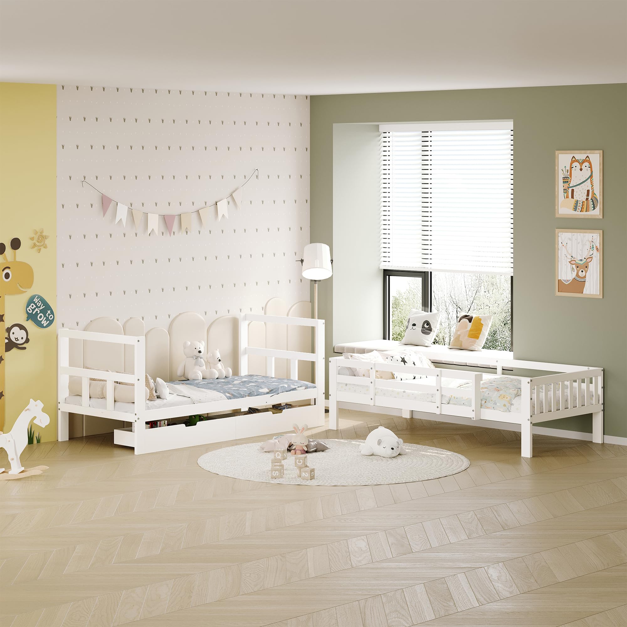 Hochbett Kinder 90x200, Etagenbett Kinderbett, Hochbett Stockbett mit Rausfallschutz und 2 Schubladen, Funktionsbett Jugendbett mit Lattenrost, umbaubar in Zwei Kinderbetten