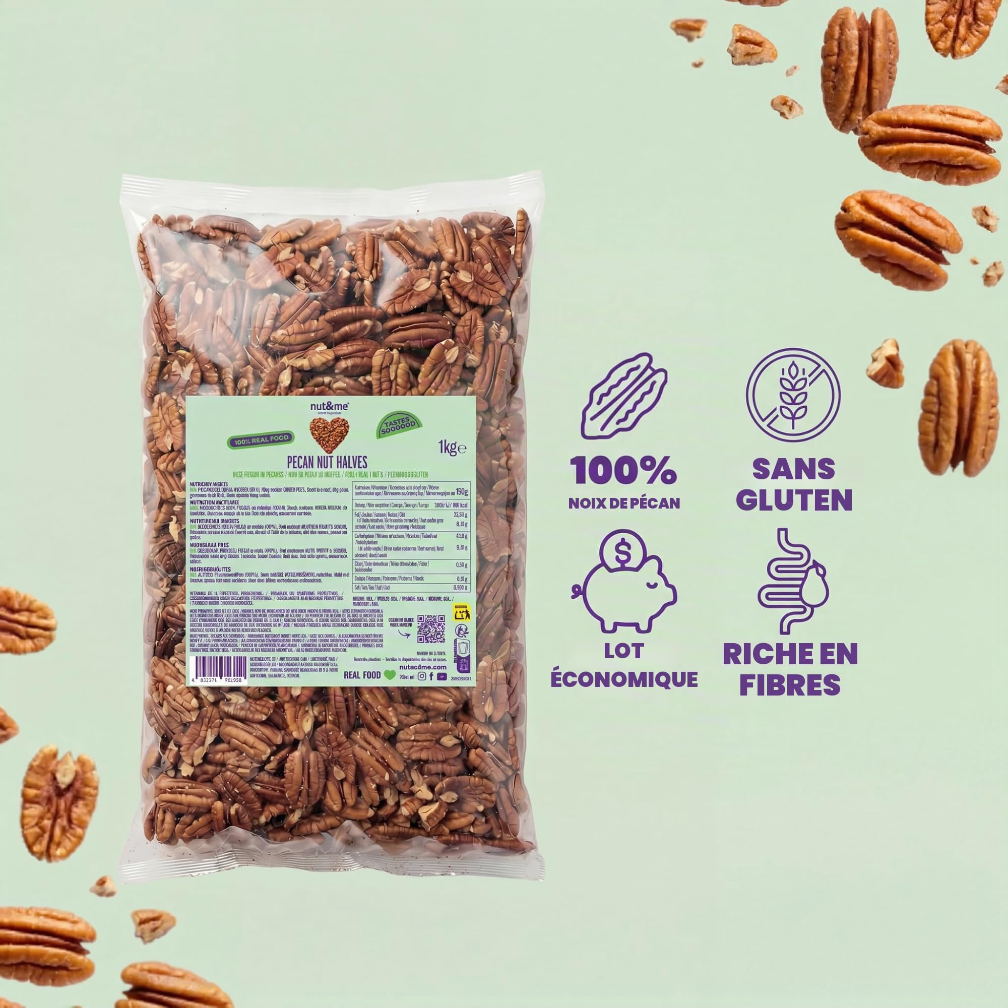 nut&me Noix de pécan naturelles Junior Mammoth 1 kg | Variété Fancy, Idéales pour pâtisserie, yaourt, granola, salades et recettes sucrées, Sans coque, gluten ni additifs