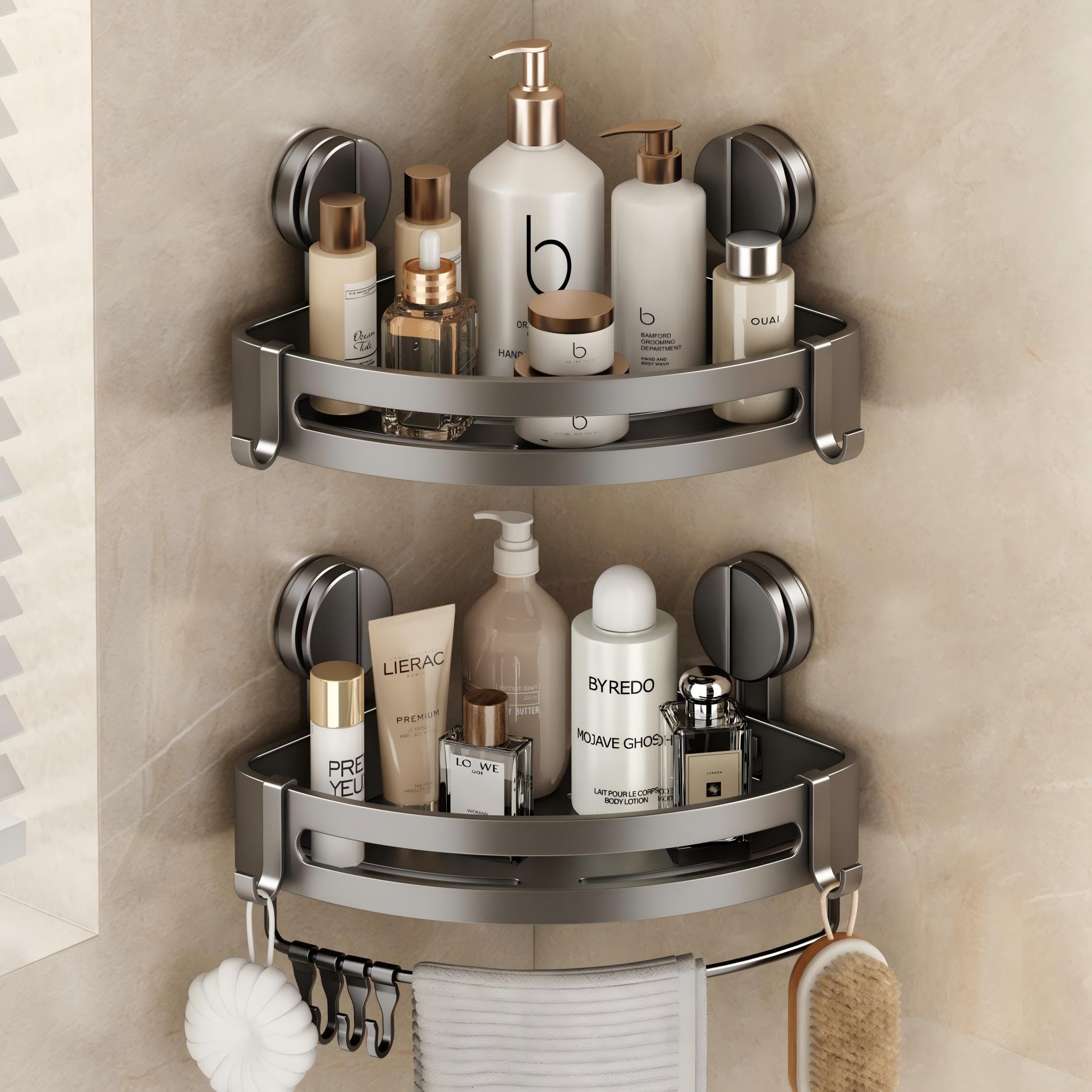 VOLPONE 2 Pack Shower Caddy Suction Cup, Corner Shower Shelves No Drilling, Showers Organizer Storage with Towel Bar & Removable Hooks, Bathroom Shower Shelf Rack for Inside Showers, Triangle - 1