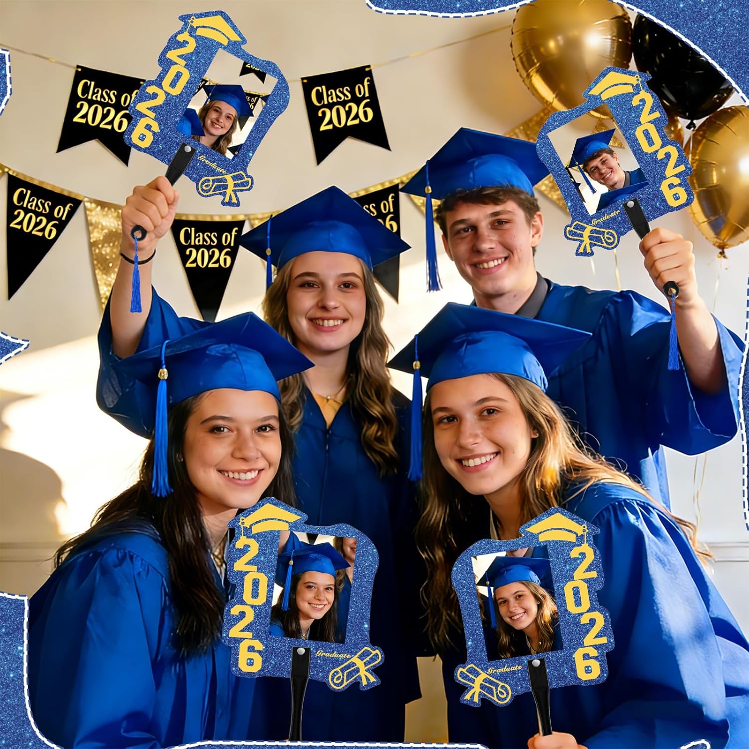 36 PCS Custom Graduation Fan Photo Frames with Handle, Plastic Class of 2026 Photo Props with Tassel, Double Sided Sparkle Grad Party Frames for Grad Events, School Ceremony (Blue & Gold)