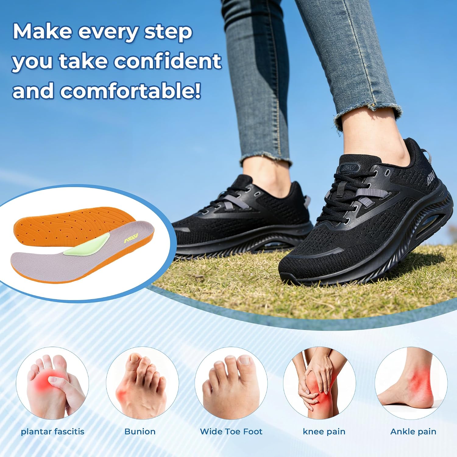 Womens Wide Toe Box Walking Shoes Arch Support Orthotic Sneakers Wide Width Tennis Shoes for Plantar Fasciitis Pain Relief US 7-11