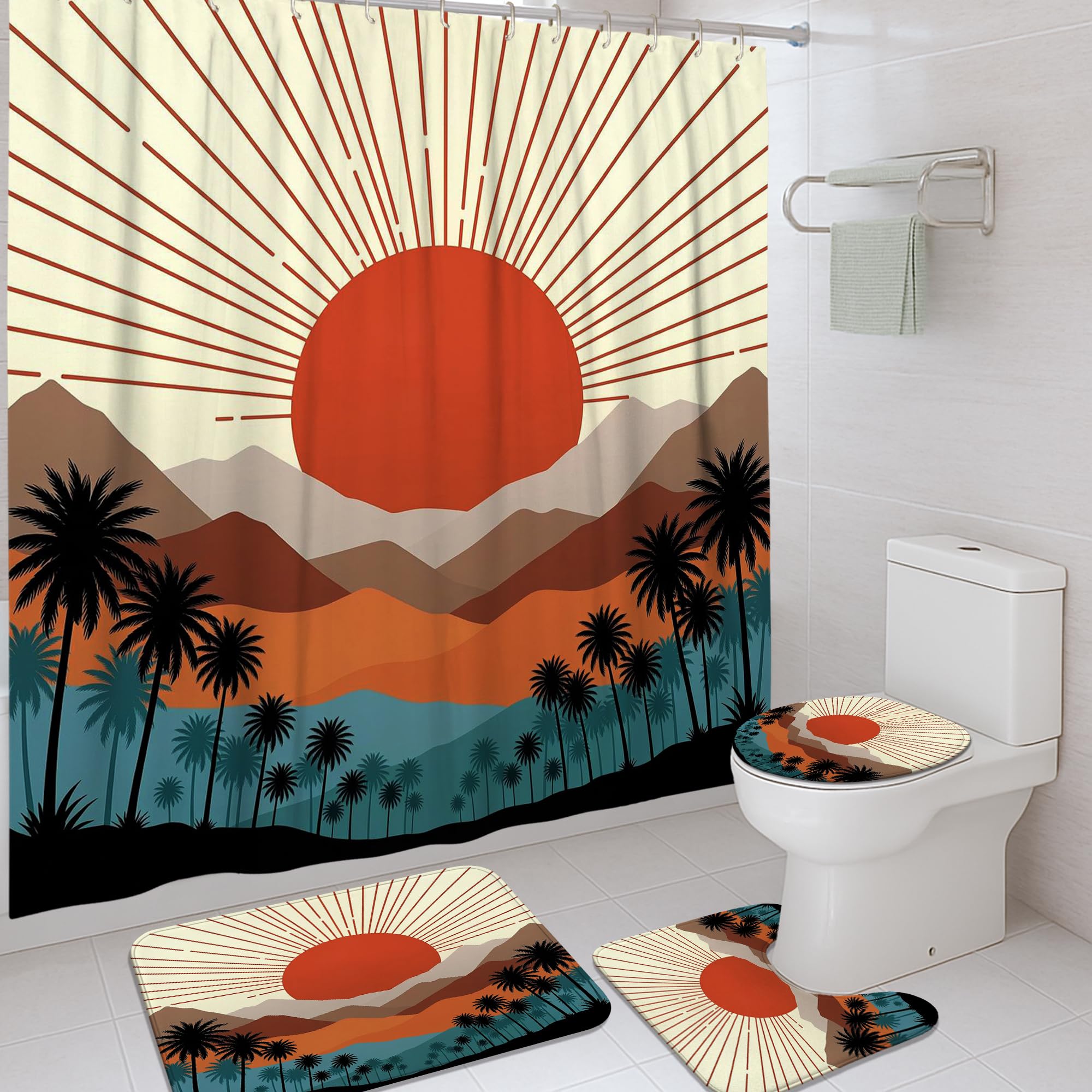 Rideaux de douche modernes montagnes et palmiers avec tapis en tissu lavable pour décoration maison