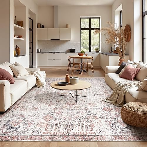 jinchan Alfombra vintage de 9 x 12 pulgadas, lavable, para interiores, delgada, retro, envejecida, con estampado floral, color rojo, multicolor,