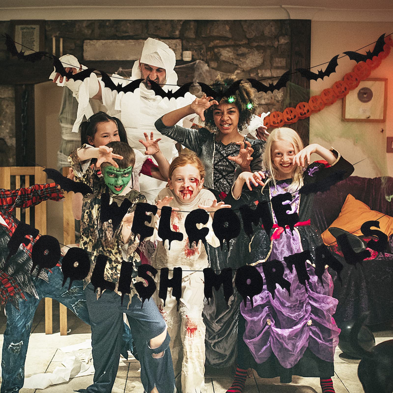 Welcome Foolish Mortals Banner – Vorbespannt, Mit Glitzer, Für Halloween-Party & Spukhaus-Dekoration