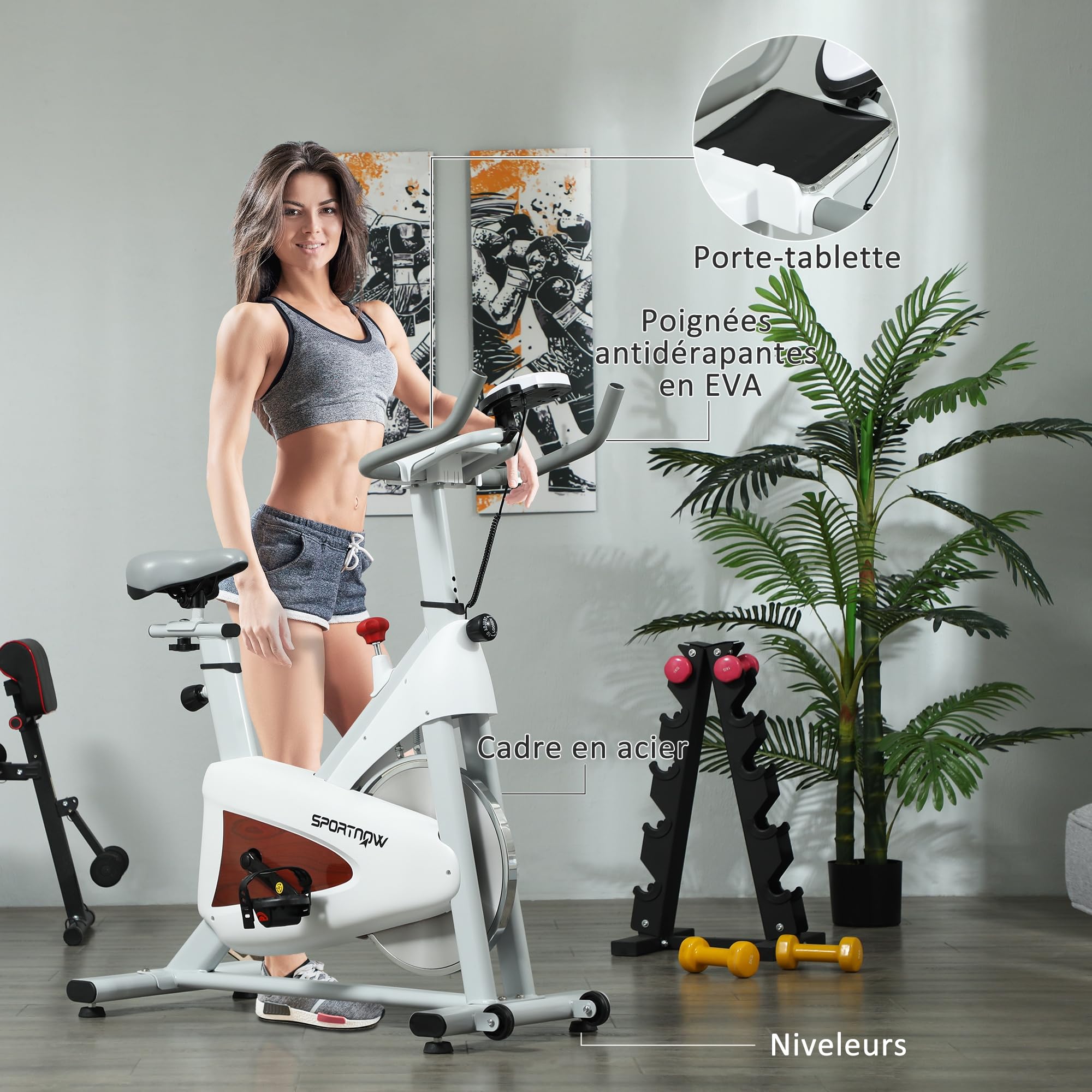 SPORTNOW Cyclette Stazionaria Silenziatore Monitor LCD Bianco | Sella e resistenza regolabili, supporto per tablet, esercizio interno per allenamento cardio a casa