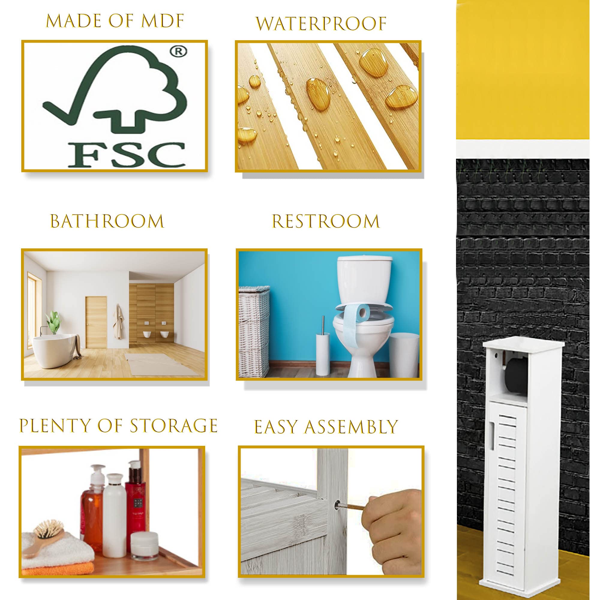 EVIDECO 9912300 Miami-Portarrollos de Papel higiénico 2 en 1, Color Blanco, 100% Tablero de Fibra de Densidad Media + Espejo, 7.2'L x 7.2" W x 29.9" H
