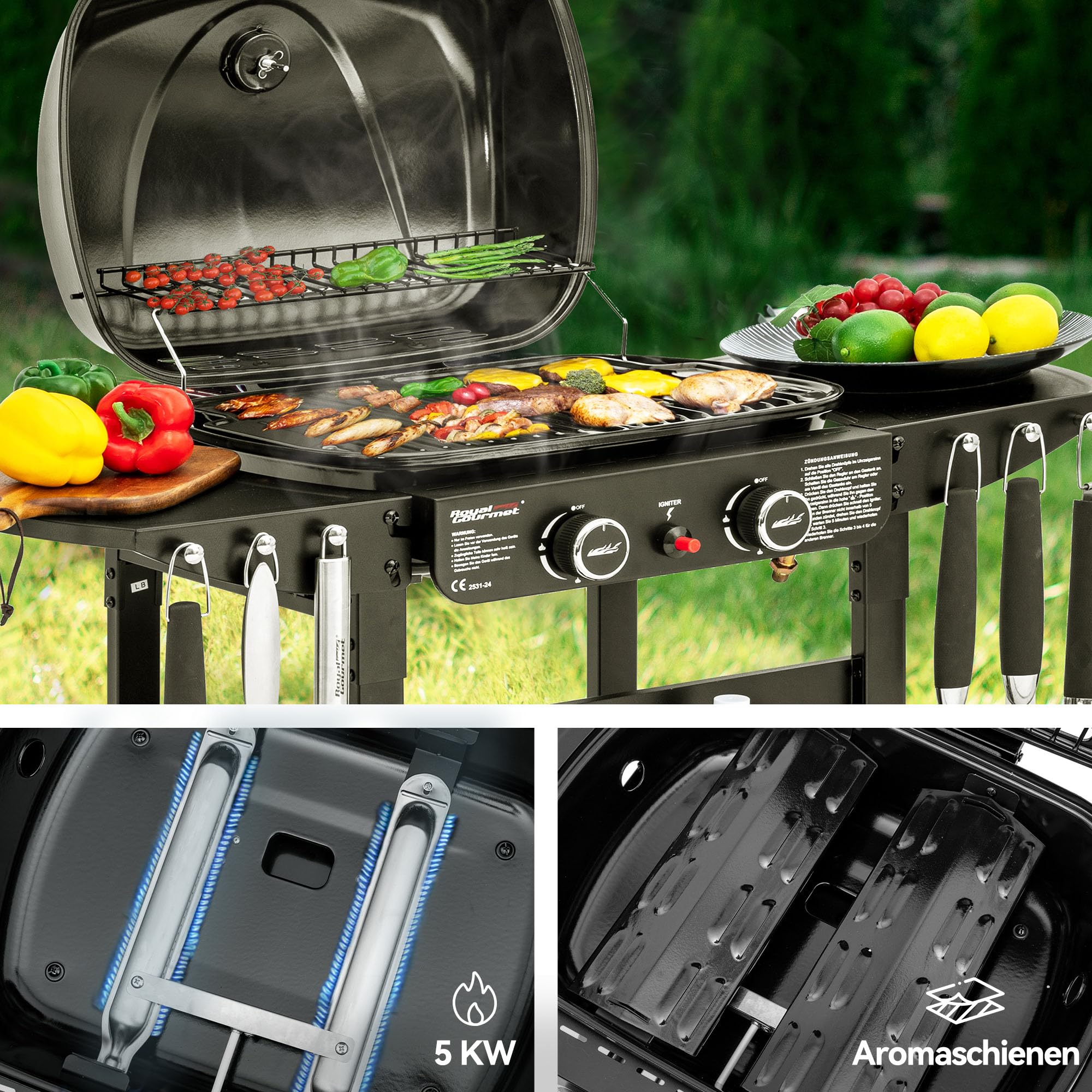 Royal Gourmet 2-Brenner Gasgrill und Griddle Combo, 2 IN 1 Grillwagen mit abklappbare Seitenablagen, Ablagekorb, 5 kW Campinggrill für Garten Schwarz