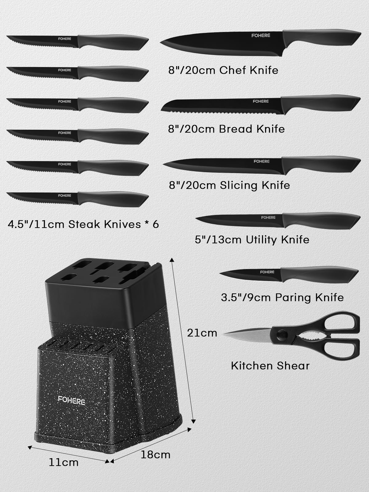FOHERE Bloc de Couteaux,13 Pièces, Couteau Cuisine avec Affûteur Intégré, Acier Inoxydable, Ensemble de Couteaux avec Poignée en PP, avec Bloc Couteaux en Plastique, Granit Noir