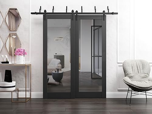 Miniatura 2 de Lucia 1299 - Puertas corredizas de 84 x 84 pulgadas, color negro mate con espejo, juego de herrajes resistentes para rieles de 8 pies, puertas de