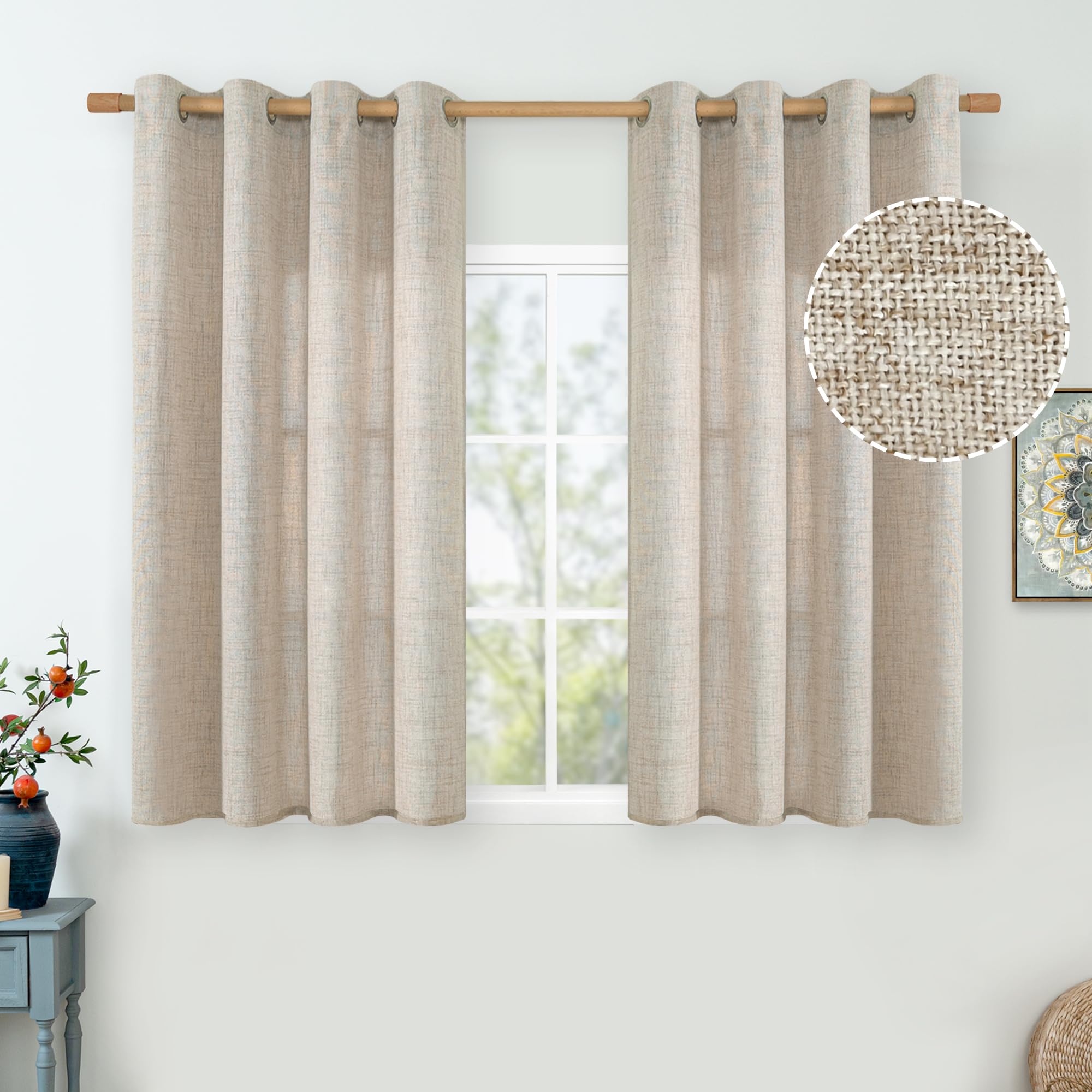 QUEMAS Natural Faux Linen Curtains for Bedroom 45 Inch Length 2 Panels, Thick Linen Blend Light Filtering Curtains for Living Room, Privacy Burlap Farmhouse Semi Sheer Window Drapes, Each 52 x 45 Inch