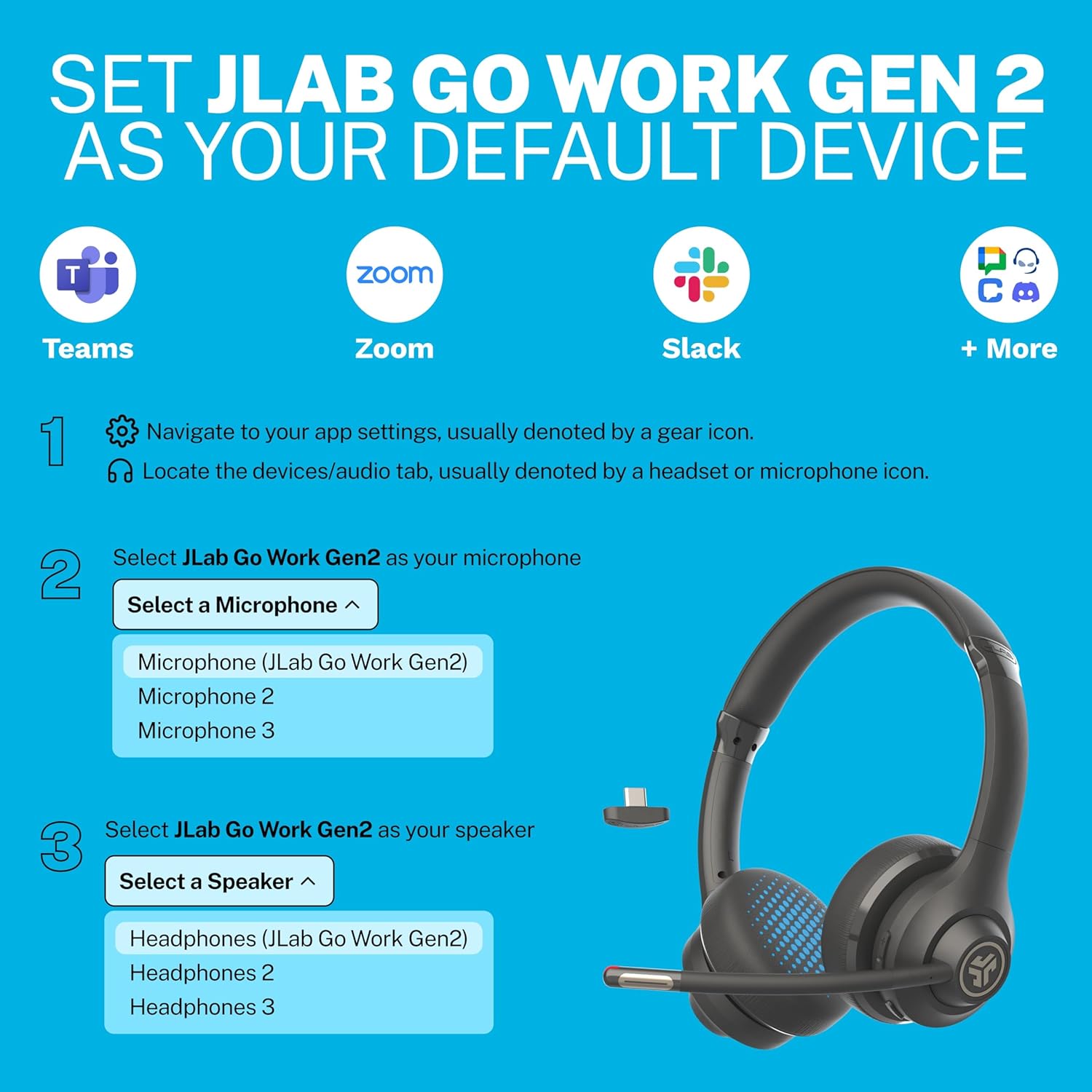JLab Go Work Gen 2 Wireless Headsets with Microphone - 55+ Playtime PC Bluetooth Headset and Multipoint Connect to Laptop Computer and Mobile - Wired or Wireless (Bluetooth or USB Dongle) Headphones - Image 2