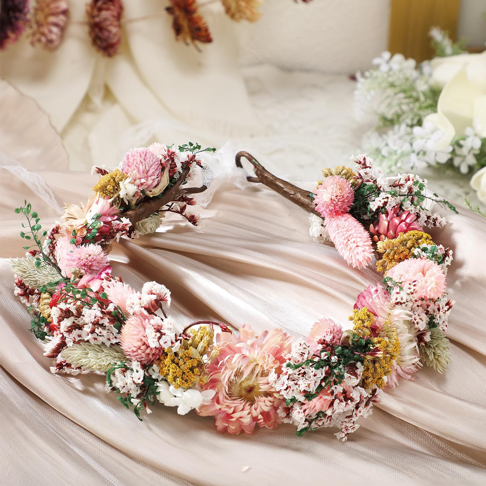 Photo 1 of Nuanchu Dried Flower Wedding Headband Flower Crown Real Floral Bridal Bridesmaid Headpiece with Ribbon Maternity Photo Props(Pink,Stylish)