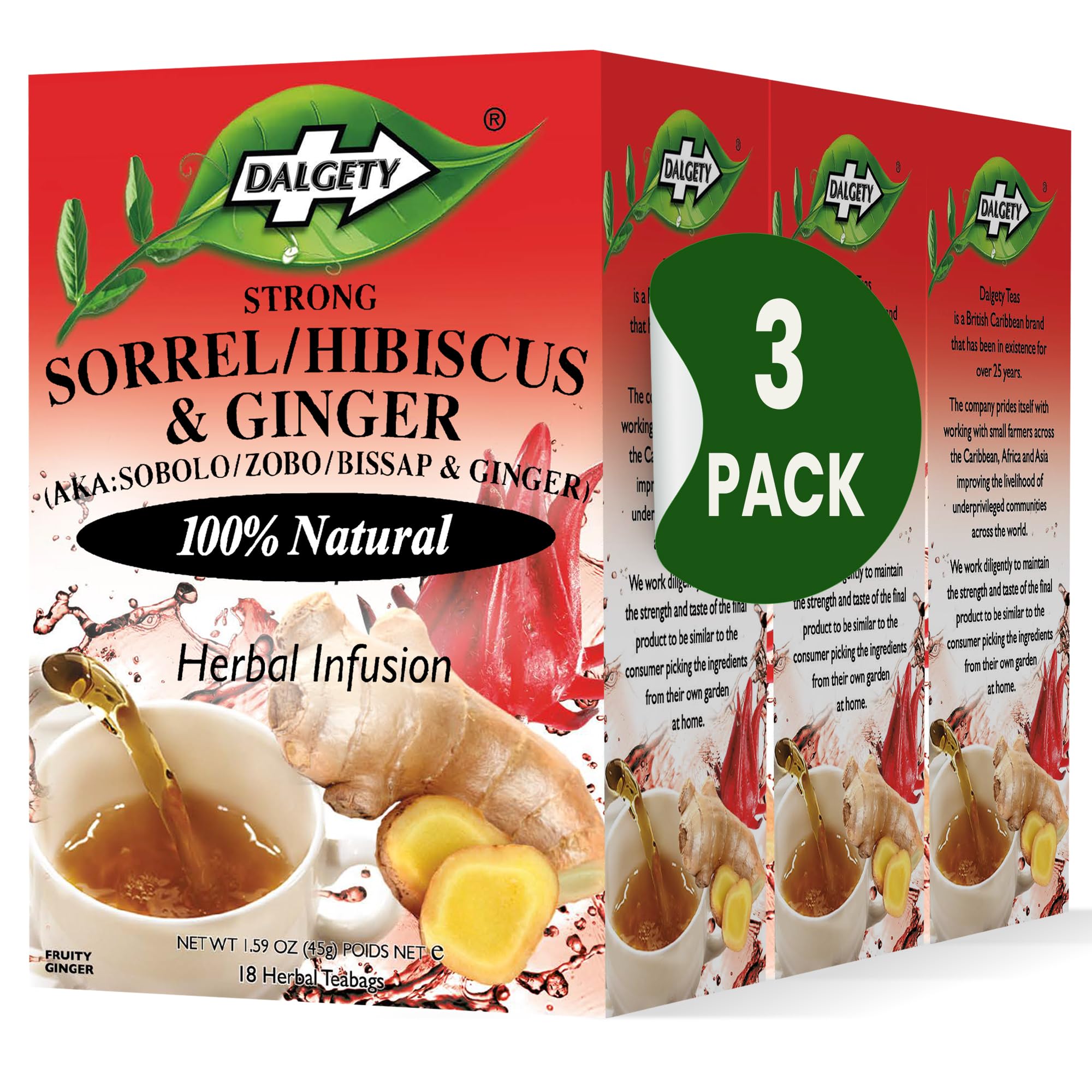 Sorrel/Hibiscus & Ginger Herbal Infusion 3x45g Cartons (3 Pack) 100% Natural, Caffeine-Free Tea (Total 54 Teabags); Our Delicious Tea Builds the Immune System, Fights Fatigue & Boosts Energy