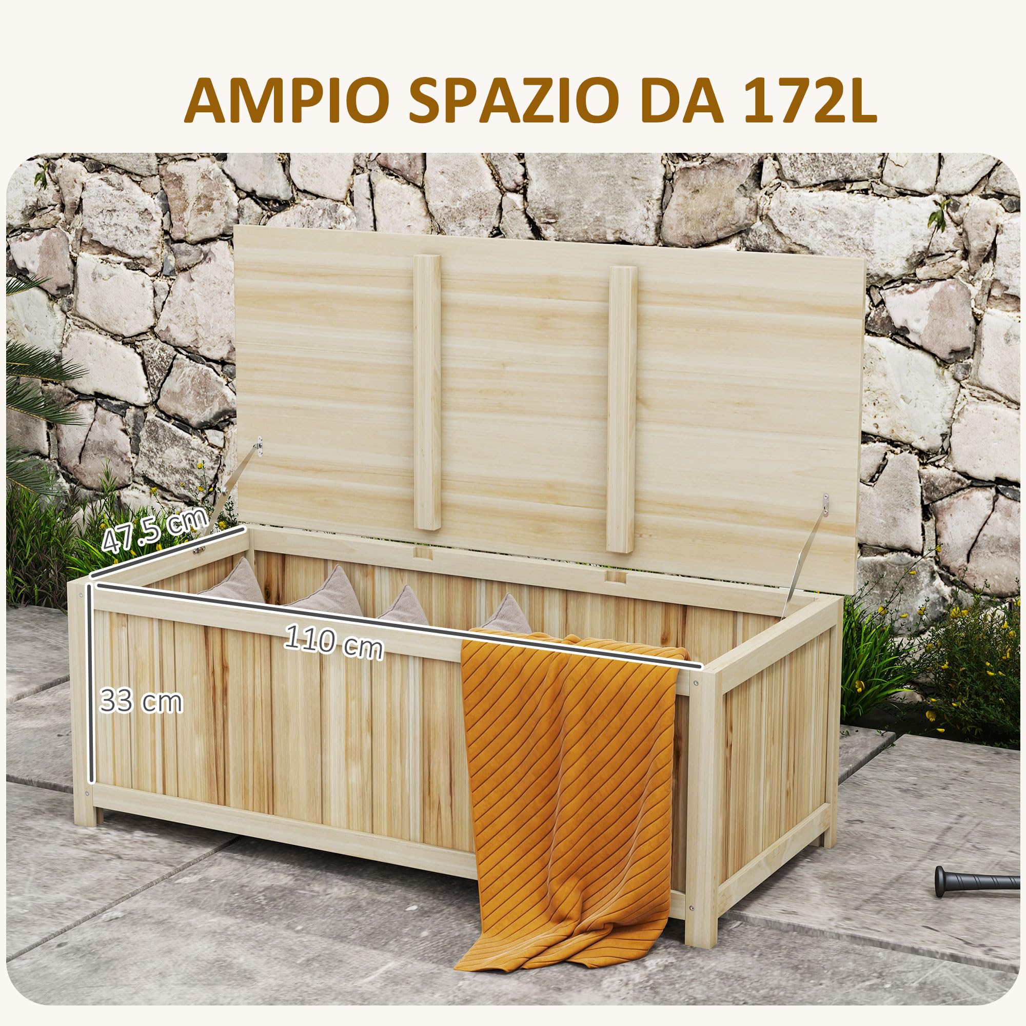 Outsunny Panca Contenitore da Giardino da 172L in Legno di Abete, Baule da Esterno 120x55x45cm Colore Legno