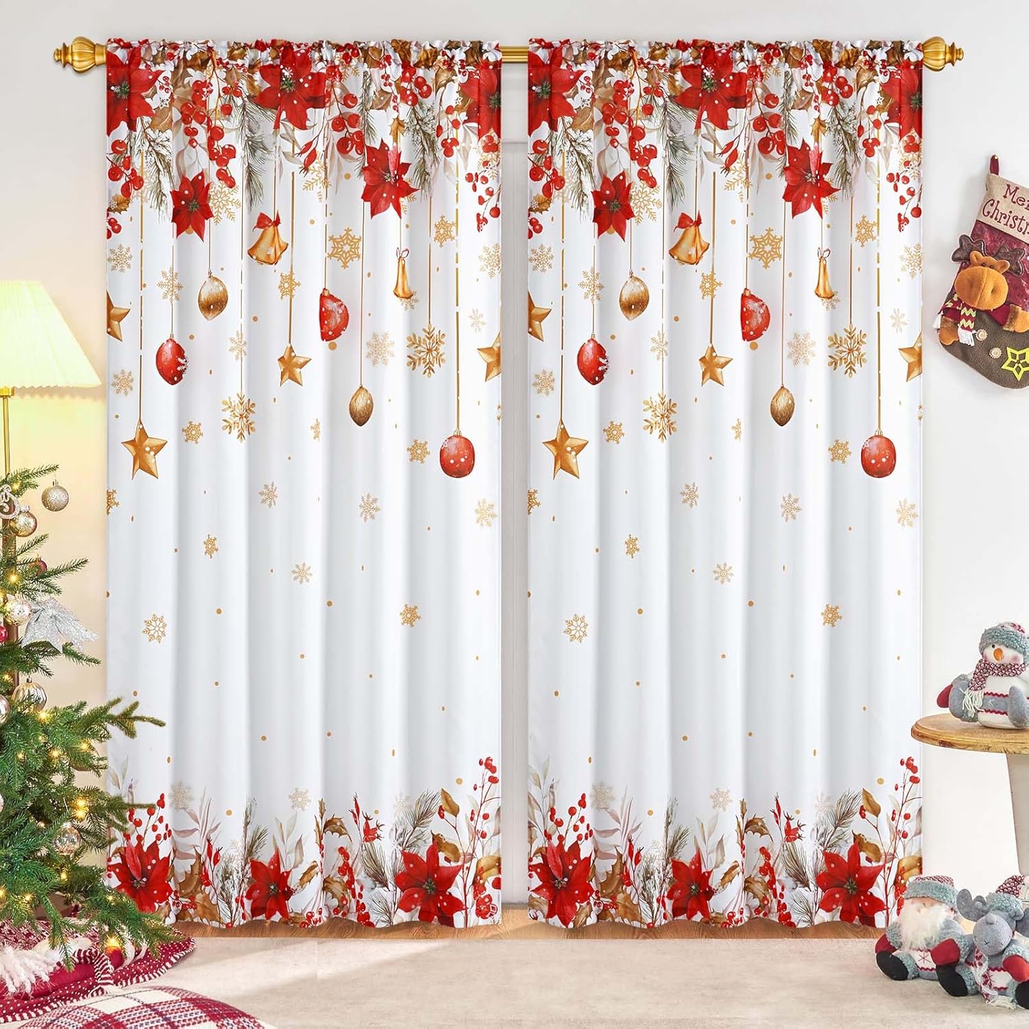 Yinhua Christmas Curtains for Living Room 84 Inch Length, Snowflake Poinsettia Curtains for Bedroom 2 Panels Set, White Rod Pocket Window Curtains for Christmas Winter Holiday Decor, 52"x 84"