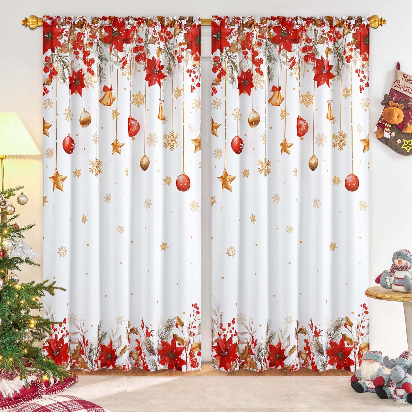 Yinhua Christmas Curtains for Living Room 84 Inch Length, Snowflake Poinsettia Curtains for Bedroom 2 Panels Set, White Rod Pocket Window Curtains for Christmas Winter Holiday Decor, 52"x 84"