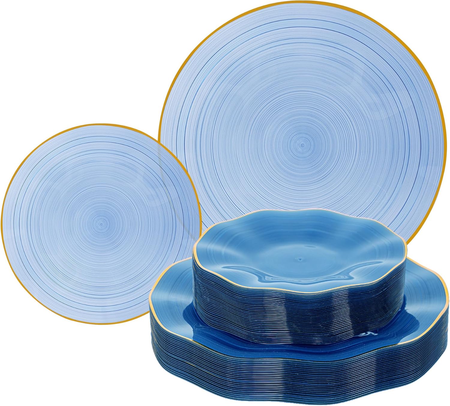 120PCS Blue Plastic Plates with Gold Rim, Heavy Duty Disposable Plates, Elegant and Fancy 60 Dinner and 60 Dessert Plates for Party and Wedding