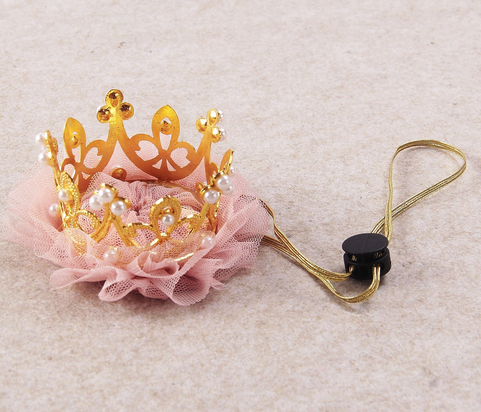 Nishine Gold/Silver Crown Headband for Dog Cat Pink Tulle Mesh Crown Tiara Pet Crown Hairband Hat Party Costume (Pearl&Gold)