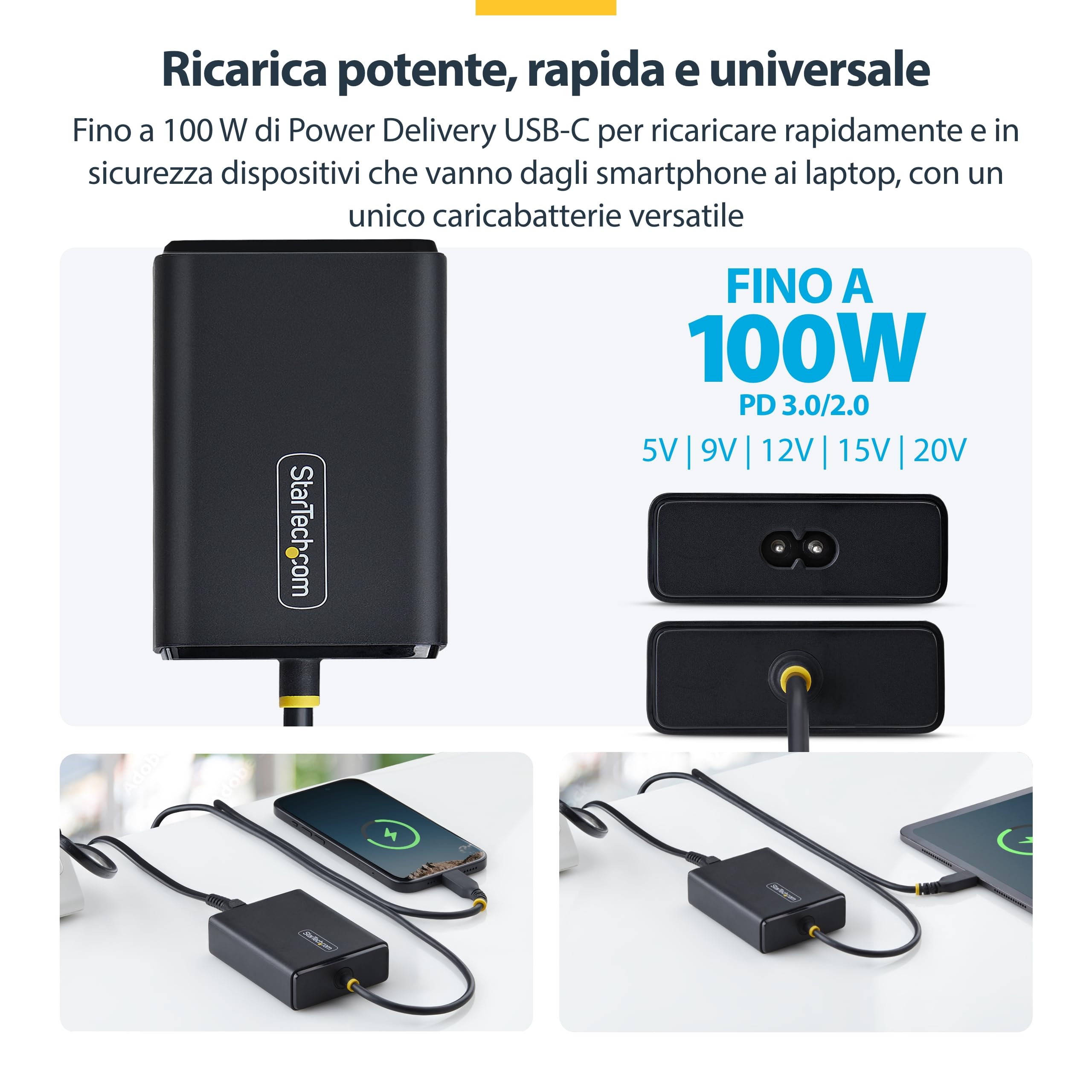 StarTech Caricatore USB-C 100W per Laptop, Cavo Integrato 1,5m, Dell XPS | Alimentatore da Viaggio con Ricarica Rapida per Notebook USB-C