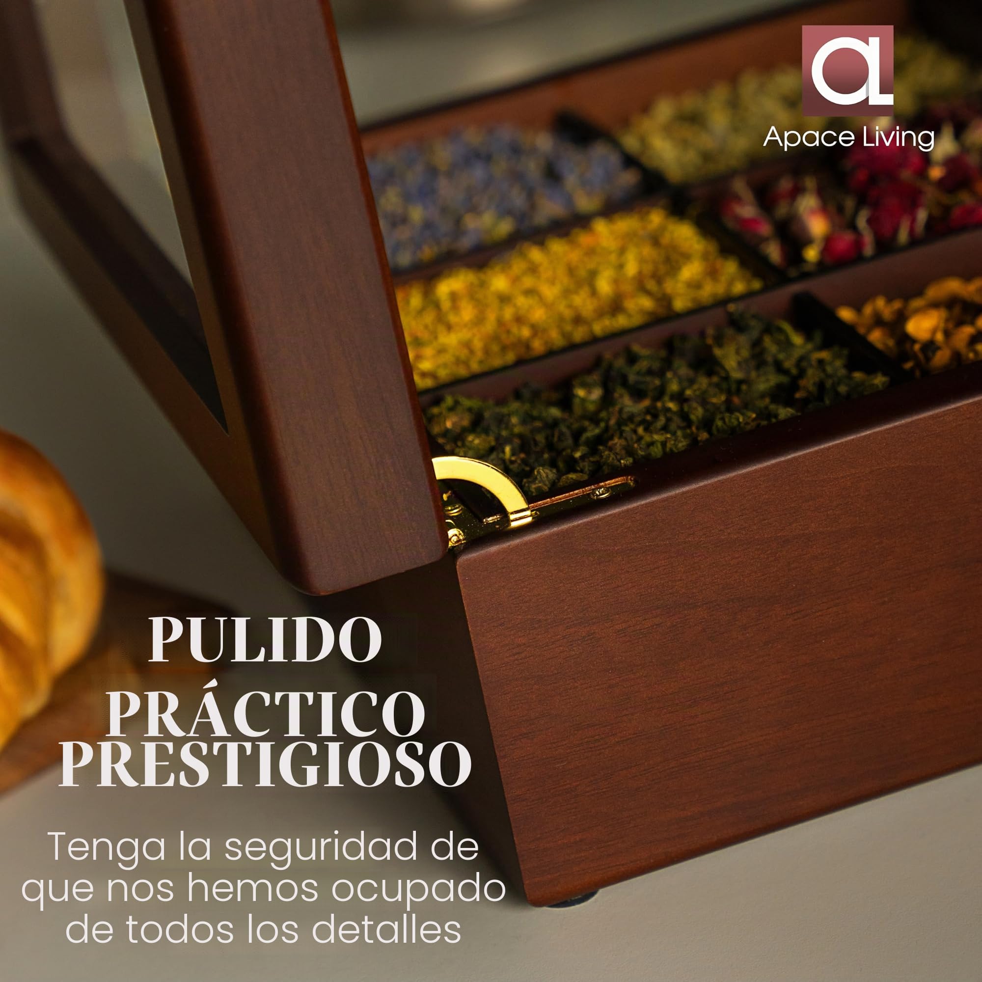 Apace Living Caja de té de madera de lujo – 6 compartimentos para guardar bolsas de té – Caja de té hecha a mano con ventana resistente a los arañazos – Elegante caja de almacenamiento para bolsas de